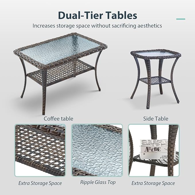 5 Piece Patio Furniture Set - Wicker Patio Conversation Set with Swivel Glider, Glider Loveseat, Tempered Glass Side Table and Coffee Table for Deck Backyard - Brown Wicker Blue Cushion