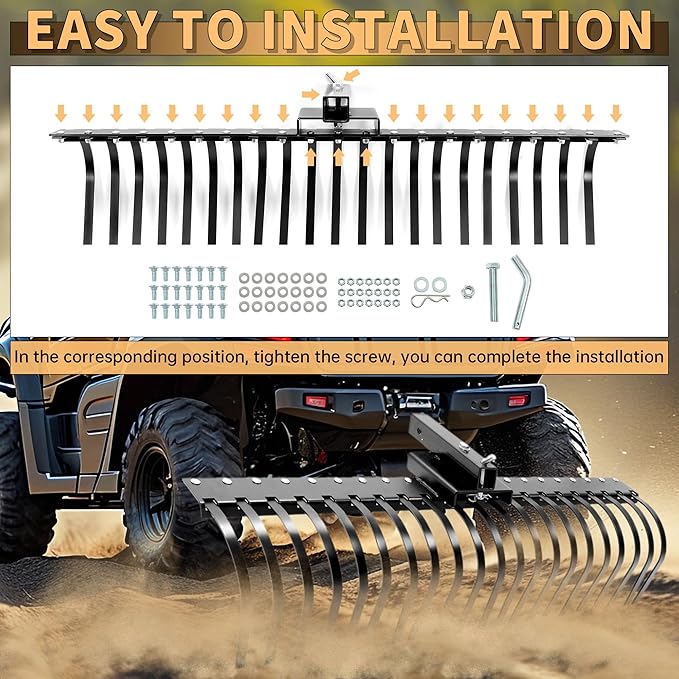 KUAFU 60 Inch Landscape Rake Pine Straw Rake Tractors Rake Fit for 2 Inch Receiver ATV UTV SxS Features 48" or 60" Accessory Tool Bar & 3 Point Hitch System Powder Coated Steel