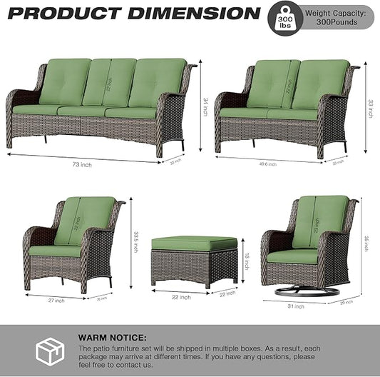 Joyside 5 Piece Outdoor Patio Furniture Set Wicker Conversation Bistro Set Swivel Rocking Chairs with Side Table and Ottomans for Backyard, Porch, Deck(Mixed Grey/Green)