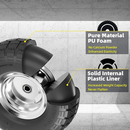 【UPGRADED】4.10/3.50-4 Tire and Wheel Flat Free, 10 Inch Solid Rubber Tire with 5/8”Axle Bore Hole and Double Sealed Bearings, for Dolly Wheels/Hand Truck Wheels/Dump Cart,4 Pack