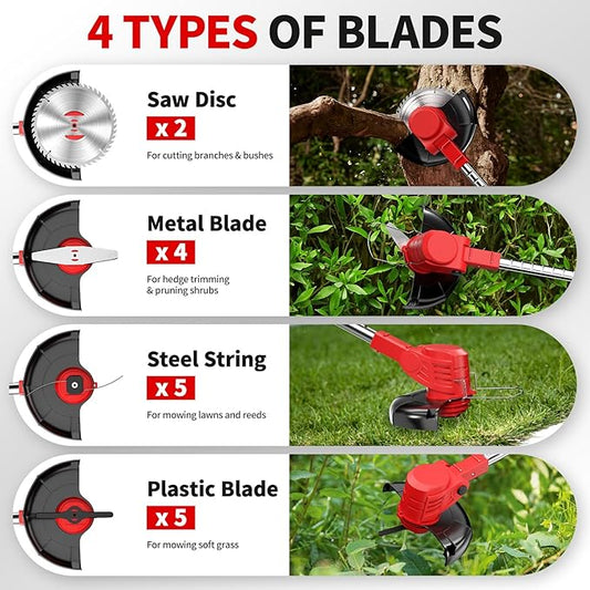 Cordless Weed Wacker, Electric Weed Eater with 4 Types of Blades & 2 * 2.0Ah Batteries, Lightweight Brush Cutter Foldable String Trimmer, Battery Powered Lawn Mover for Lawn Yard (Red)