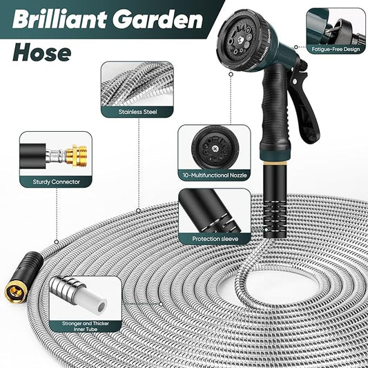 Garden Hose 50 FT with 10-Function Nozzle, Leak-proof Metal Connector Water Hose, No Knots, Kink-Free, Lighter, Anti-Pets, Wear-Resistant, 3/4 GHT, Metal Hose for Garden, Yard, Outdoor
