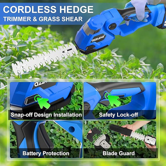 AZZUNO Cordless Hedge Trimmer, 2-in-1 Electric Grass Shears Shrubbery Trimmer with 2Ah Battery,Handheld Grass Cutter Shrub Trimmer for Gardens, Yards, Lawns, Including Charger(2 Batteries)
