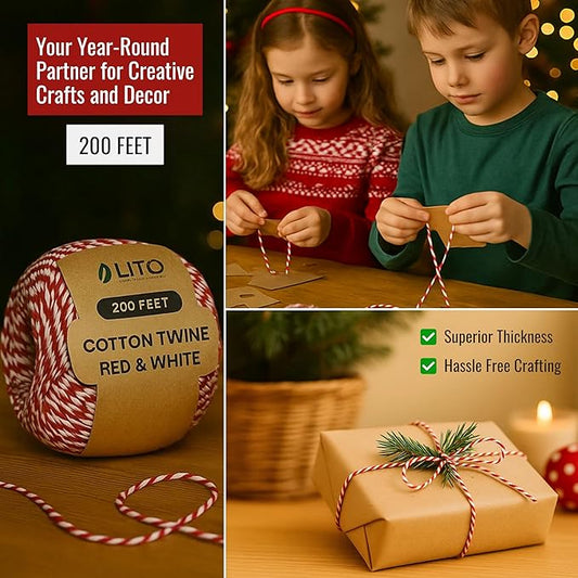 Red and White Organic Twine Cotton String - 200 Feet Wrapping, Baking, Butcher, Crafts, DIY Projects, Easter, Christmas