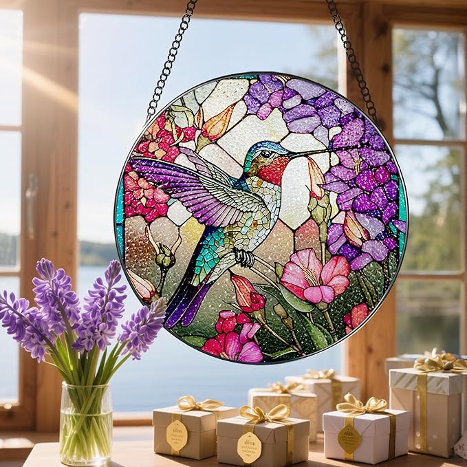 8 Inch Stained Glass Suncatcher Ornament, DOUHASU Hummingbird Sun Catchers Indoor Window, Stained Glass Window Hanging, Home Decor, Hummingbird Lovers Gifts for Women, Mom, Friend