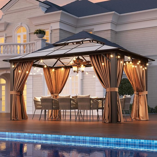 Aoxun 10'x13' Hardtop Gazebo, Aluminum Frame Permanent Pavilion with Netting and Curtains, Outdoor Polycarbonate Double Roof Canopy, Designed for Lawn, Garden, Patio (Khaki)