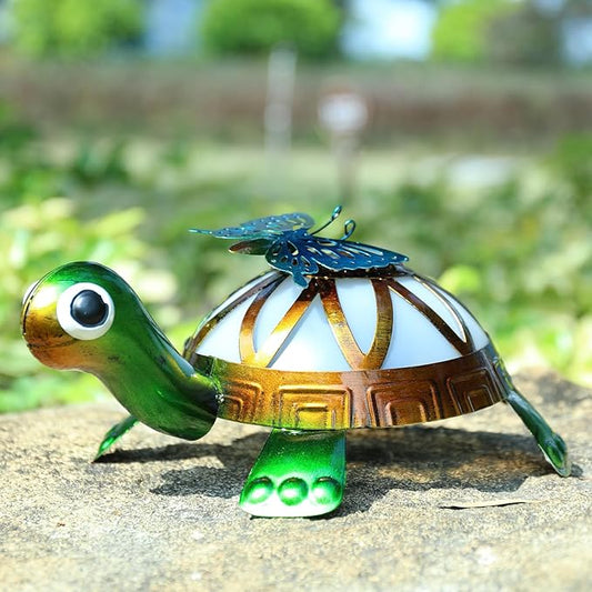 Solar Garden Outdoor Statues with Butterfly, Metal Garden Turtle Statue Solar Lights Outdoor Tortoise Figurines for Patio, Lawn, Yard Ornament, Housewarming Gifts