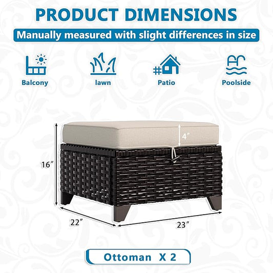 Vista Vibe 2 Pieces Patio Wicker Ottomans, Luxurious Footstools, Outdoor Small Footrest, Wicker Furniture with Removable Cushions, All-Weather PE Rattan, Garden, Backyard, Porch(Brown/Beige)