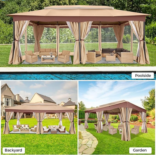 COBIZI Gazebo 12x20 Heavy Duty Gazebos with Curtain and Netting Outdoor Gazebo Canopy Double Roof Patio Gazebos with Metal Steel Frame for Patio, Deck, Backyard (Khaki)