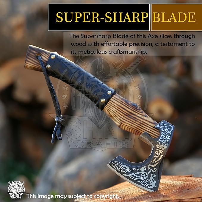 SHINY CRAFTS®- Hand-Forged Viking Axe for Men Leather-Wrapped Handle & Sheath Great for Birthdays, Holidays, or Weddings (SCA-19)