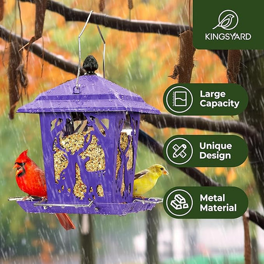 Kingsyard Metal Bird Feeder for Outdoor Hanging - Unique Design Wild Bird Hopper Feeder with 4 Perches and Rainproof Roof, Purple