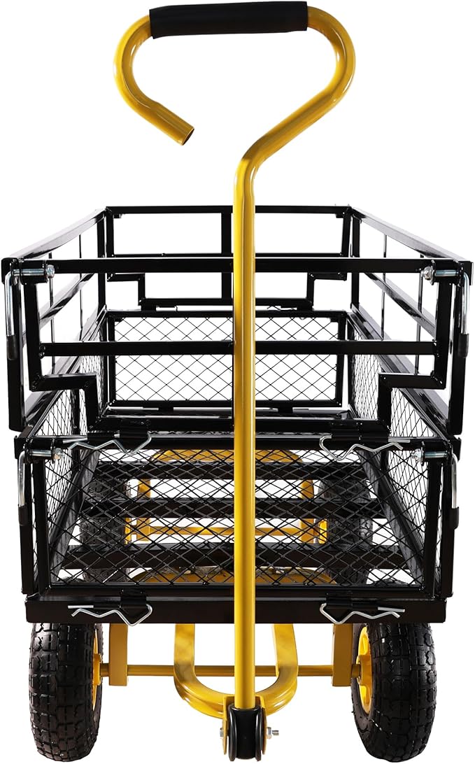 Heavy Duty Garden Wagon with Foldable Sides, Pneumatic Tires, Adjustable Handle (Yellow + Black Double Layer)