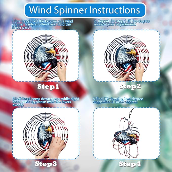 3D American Flag Eagle Wind Spinner 10 Inch Stainless Steel Kinetic Art Patriotic Hanging Decoration for Indoor and Outdoor Spaces