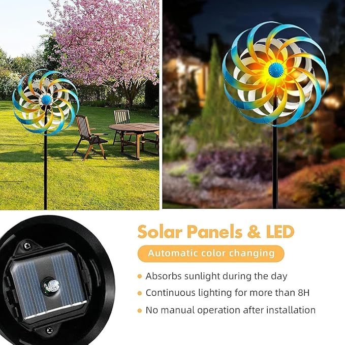 Solar Metal Wind Spinner, Multi-Color Led Lighting Solar Powered Glass Ball Dual Direction for Outdoor Patio Lawn & Garden,Blue(13" W x 75" H)