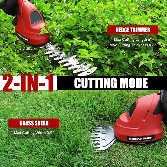 NEU MASTER Cordless Grass Shear, 2-in-1 Handheld Hedge Trimmer, 7.2V Electric Grass Trimmer with Type-C Cable and 2.0Ah Rechargeable Battery, Lightweight Shrubbery Trimmer for Garden Yard Lawn