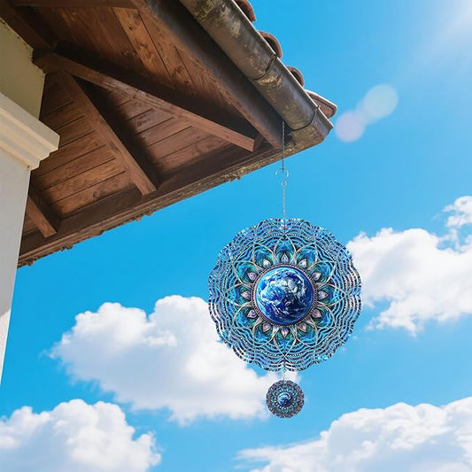 Wind Spinners Outdoor, Retro Blue Lotus Earth 3D Stainless Steel Wind Sculpture Spinner for Garden Outside Hanging Decor Mother's Day Christmas Birthday Gift for Women Men Mom Nana 13.7 in