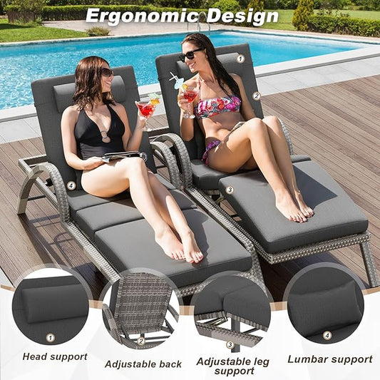 MEISSALIVVE Outdoor Lounge Chairs Set of 2, Patio Chaise Loungers with Adjustable 5 Position & Leg Support, PE Rattan Chaise Lounge, Wicker Pool Recliners Chair for Backyard, Porch, Deck, (Grey