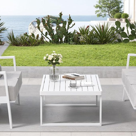 Aluminum Outdoor Coffee Table - White Rectangle Patio Tables for Deck, and Poolside