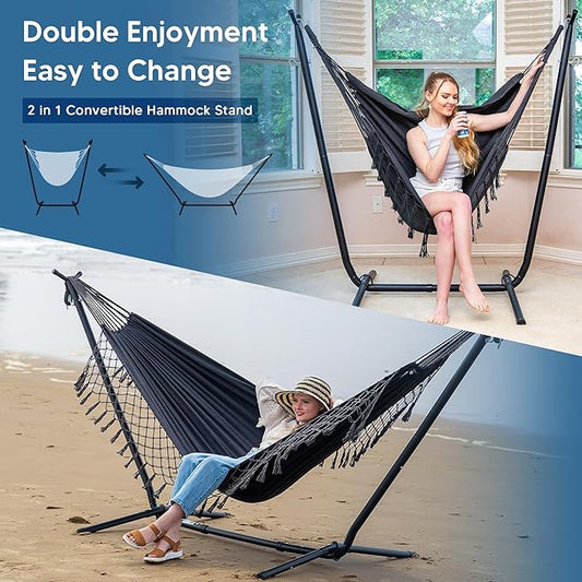 SUNCREAT 2-in-1 Hammocks Convertible Portable Double Hammock with Stand Included, Outdoor Hammock and Stand, Patent Pending, Dark Grey with Tassel