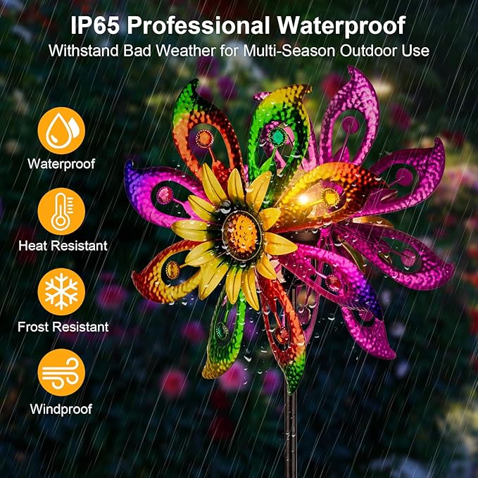 360° Wind Spinners Outdoor with Solar Lights Sunflowers Garden Decor Yard Lawn Art Decor for Patio Kinetic Windmills Unique Gifts for Friends and Family 60.63'' H x 13.38'' Dia