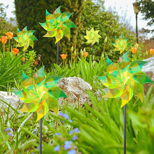 Hausse 10 Pack Reflective Pinwheels Wind Spinner, Extra Sparkly Pinwheel with Stakes, Bird Repellent Blinder Devices Deterrent to Scare Birds Away from Yard Patio Farm Garden, Transparent Yellow