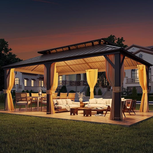 YOLENY 12' X 20' Hardtop Gazebo, Galvanized Steel Ventilation Double Roof Aluminum Frame, Curtains and Netting Included, Outdoor Gazebo for Garden, Patio, Lawns, Parties