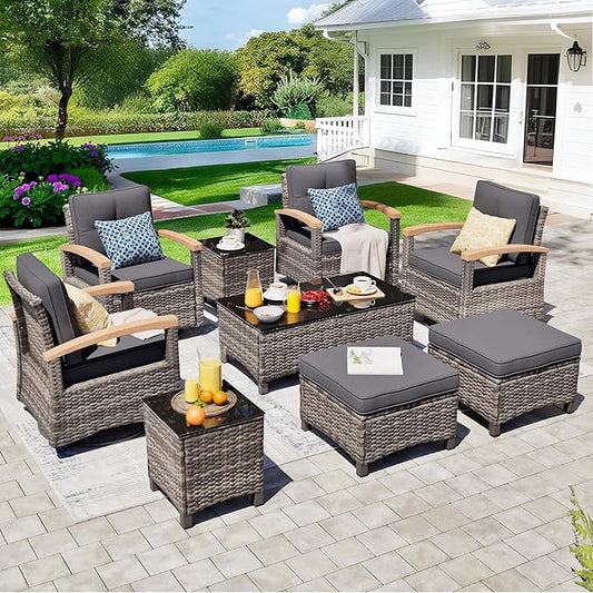 MEISSALIVVE 9 Pieces Outdoor Patio Furniture Sets,PE Wicker Patio Conversation Sets with 4 Wood Armrests Swivel Rocker Chairs,2 Ottoman and Coffee Table(Grey)