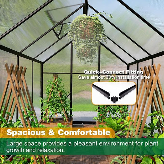 6x8 FT Greenhouse for Outdoors, Polycarbonate Green House with Adjustable Roof Vent and Rain Gutter, Aluminum Large Walk-in Greenhouse with Quick Setup Structure for Outside Garden Backyard Patio