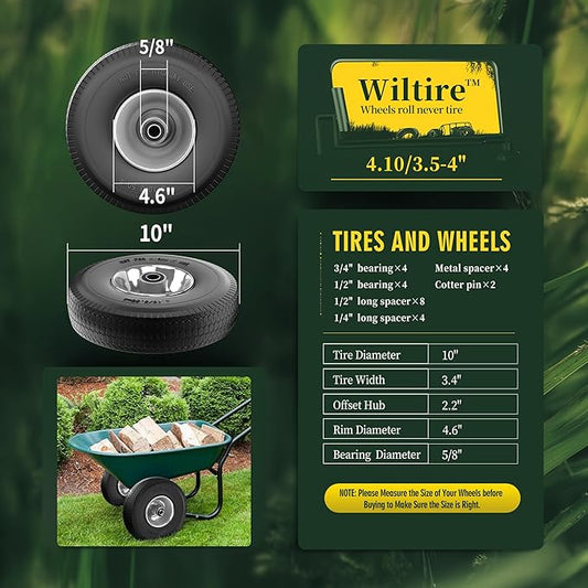 (2 Pack) 4.10/3.50-4 Flat Free Tire and Wheel 10-Inch Solid Wheel Replacement with 5/8 Extra 3/4 &1/2 Bearings,2.2" Offset Hub -Compatible with Hand Truck,Wheelbarrow(Wave,Gray)