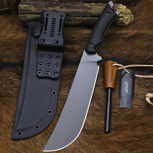 BA-KOR 5MM Full Tang (9CR18MOV) steel 14.1-inch chopping knife+K sheath&5.9-inch cerium igniter can be used for outdoor hunting, camping, obstacle removal, barbecue, fishing, kitchen cutting EDC, Gift giving