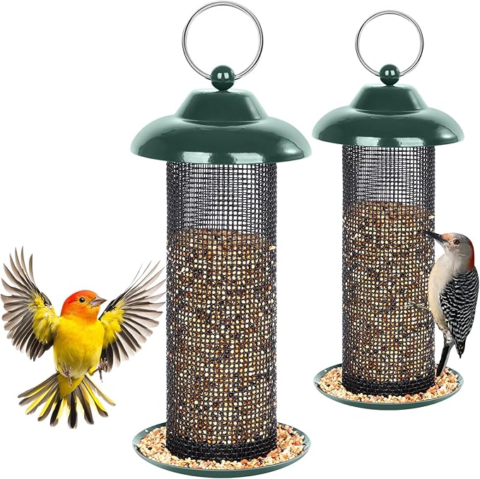 FEED GARDEN 2 Pack Bird Feeders for Outdoors Hanging Finch Feeder for Nyjer Thistle Seed Metal Mesh Tube Feeders Squirrel Proof 0.5 LB Green