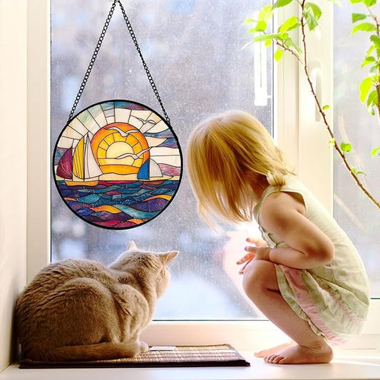 Stained Glass Window Hanging, Sailboat and Waves Suncatcher Diamond Glass Panel Hangings Sun Catchers Decor for Birthday for Women, Men, Wife, Aunt, and Mom 6.3 in
