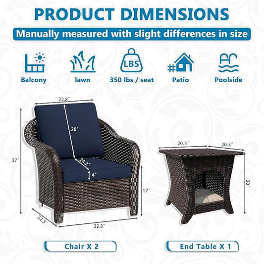 Vista Vibe Outdoor Rattan Chairs Set of 2 with with Coffee Table, All-Weather Patio Conversation Furniture Set with Washable Cushions &Hand-Woven PE Rattan, Garden, Bistro, Deck, Yard (Navy)