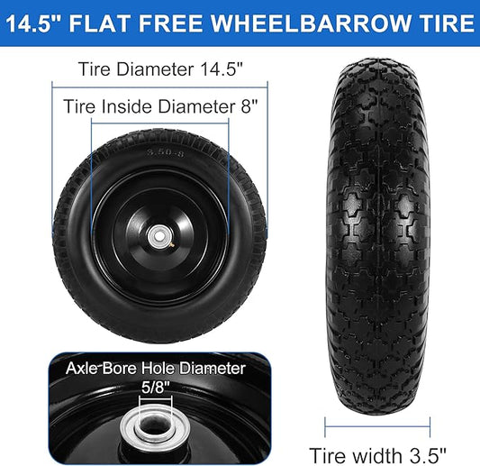 14.5" Flat Free Wheelbarrow Wheels and Tires, 3.50-8" Flat-Free Solid Tire with 5/8" Axle Bore Hole for Wheelbarrow Lawn Mover Trolley Dolly Go Kart Replacement