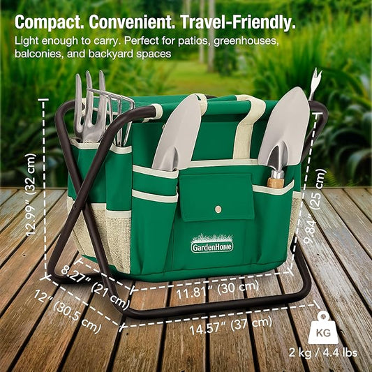 GardenHOME 7-Piece Gardening Tool Set – Stainless Steel Hand Tools with Wooden Handles, Folding Stool, and Canvas Tote Bag, Yard Maintenance Kit for Gardeners, Women, and Beginners