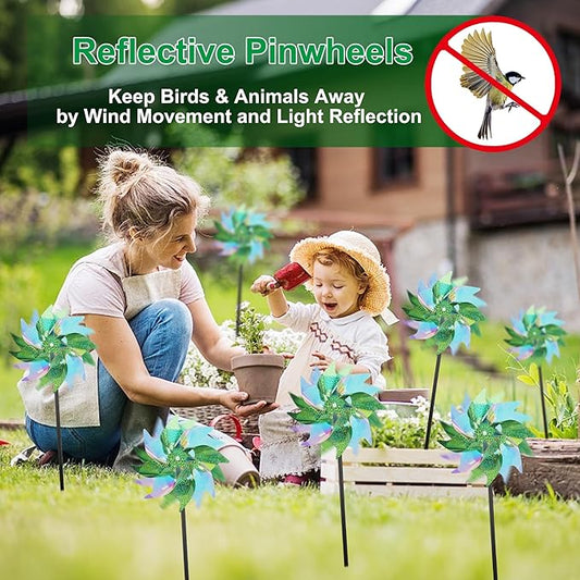 winemana 12 Pcs Reflective Pinwheels Outdoor, Wind Spinners for Yard & Garden, Sparkly Bird Repellent Windmill Scare Birds Away, Deterrent Devices for Outside Patio Lawn Spring Decor (Green)
