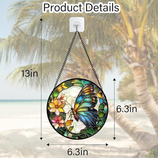 Stained Glass Window Hanging, Butterfly Flower Sun Catchers Diamond Glass Panel Hangings Insect Suncatcher Decor for Birthday for Women, Men, Wife, Aunt, and Mom 6.3 in