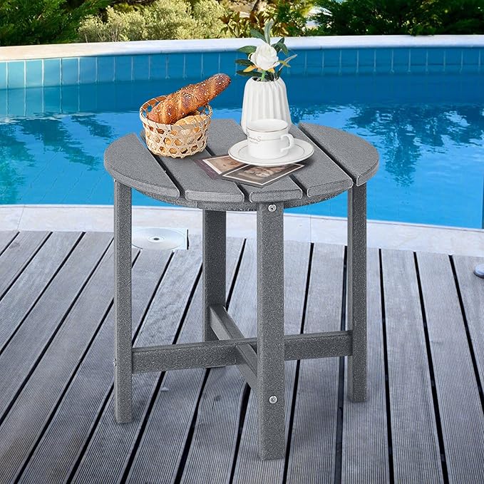Tangkula Round Outdoor Side Table, 18 Inch Weather Resistant HDPE Adirondack Table, Outdoor Indoor Chairside End Tables, Patio Side Table for Lawn Garden Balcony Backyard, Easy Assembly (1, Gray)