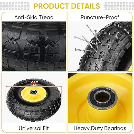 TICONN 4.00-6 Tire and Wheel Flat Free, 2 Pack 13" Solid Tires with 5/8" Axle Bore Hole and Double Sealed Bearings, Perfect for Wheelbarrow, Garden Cart, Wagon, Dolly (Yellow, 2PK)