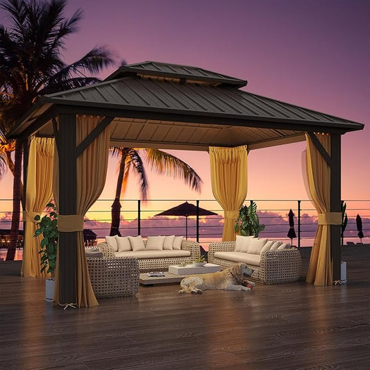 YOLENY 10' x 12' Hardtop Gazebo, Metal Gazebo with Aluminum Frame, Double Galvanized Steel Roof, Curtains and Netting Included, Pergolas for Patios, Garden, Parties, Lawns