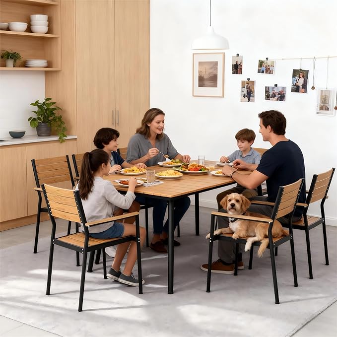 Outdoor Dining Table for 8-10, 94.5 inch Patio Dining Table with Wooden-Like Top and Aluminum Frame, Rectangular Table with Umbrella Hole Outdoor Furniture, Brown