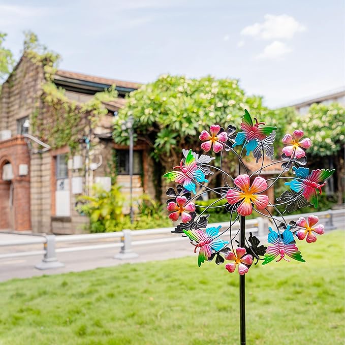 38" Double Blade Butterfly Wind Spinners Outdoor, Colorful Butterflies Kinetic Outdoor Decor for Patio, Lawn & Garden Decor