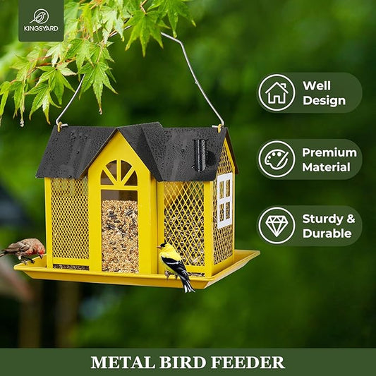 Kingsyard Bird Feeder House for Outside, Metal Mesh Wild Bird Feeder with Triple Feeders for Finch Cardinal Chickadee, Large Capacity, Weatherproof and Durable, Yellow