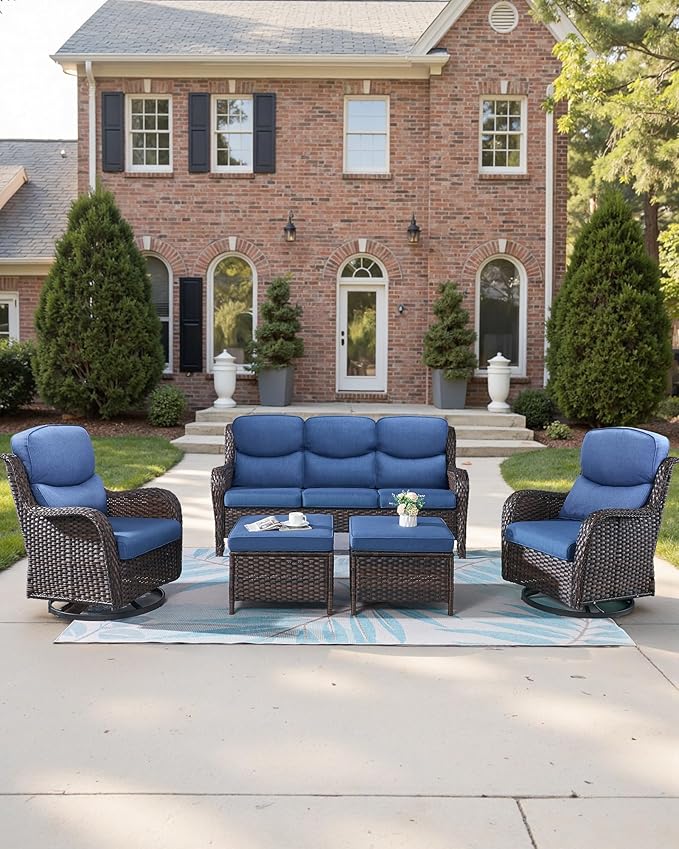 Pop 22x25/22x24 Outdoor Cushions for Patio Couch Chairs Set of 3 - High Back Comfy Outside Seat Cushions for Wicker Dining Rocker Glider Loveseat 3-Seater Sectional Sofa - Navy Blue/Smile