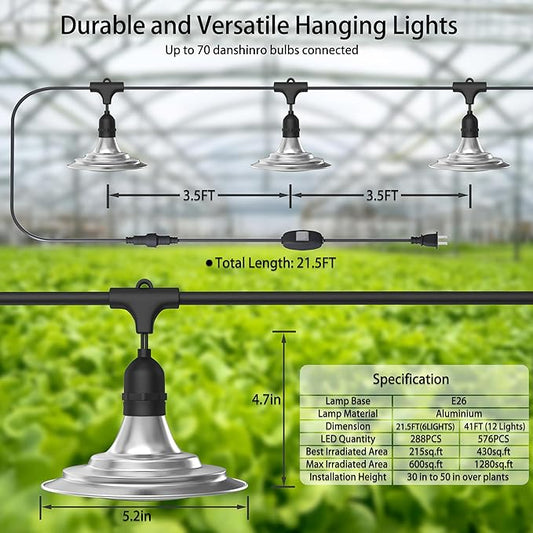 12-Light Outdoor LED Grow Lights – Waterproof Full Spectrum Greenhouse Lights for Plants, 41FT Adjustable String Lights with 576 LEDs, E26 Base Bulbs, IP44 Waterproof for Garden, Farm, Yard