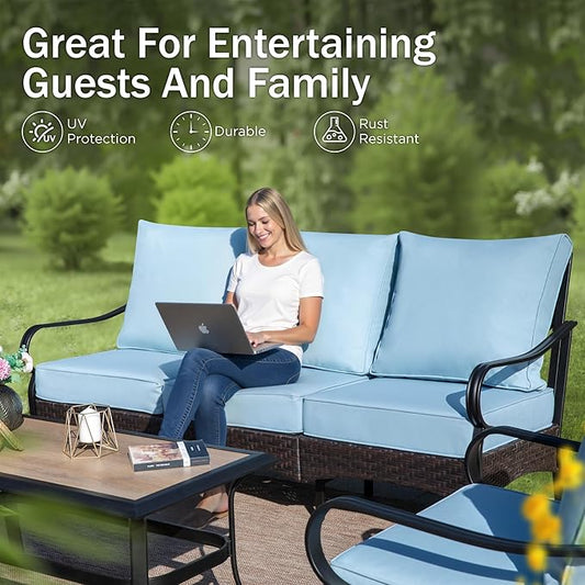 PHI VILLA Outdoor Modern Patio Furniture Set, Upgraded Wicker&Metal Patio Furniture Conversation Set with Waterproof Thick Cushions for Porch, Poolside, Deck, and Yard (5 Pieces,Blue)