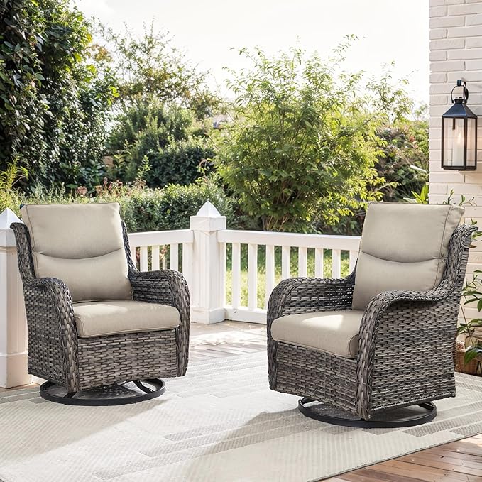 Patio Swivel Chair Set of 2, Resin Wicker Swivel Patio Glider Chairs with Smile-Shaped Cushions, High Back Luxury Swivel Patio Chairs for Outdoor, Brown Wicker|Beige Cushions