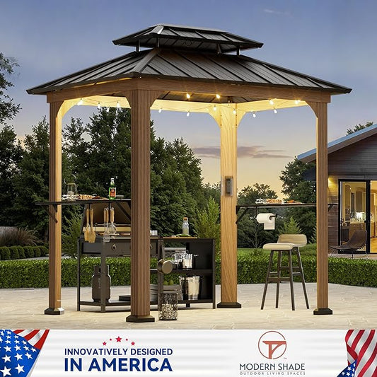 Modern Shade Grill Gazebo 6' X 8', Aluminum BBQ Gazebos with Shelves and Ceiling Hook, Grill Canopy Hardtop with Galvanized Steel Roof, Outdoor Grill Gazebo with Extra-Wide Column Design, Wood-Looking
