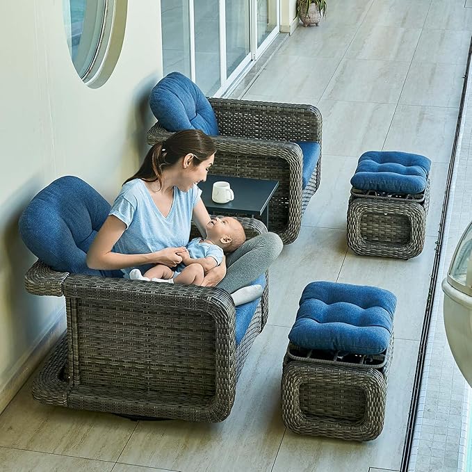 Patio Glider Swivel Rocker Sets: 5piece Patio Furniture Sets, 360ยฐ Swivel Rocking Chairs with Ottoman, Rust-Resistant Cushion -Perfect for Backyard/Deck/Porch/Balcony Decors- Gray Wicker,Blue Cushion