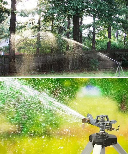 YAMATIC Impact Sprinkler on Tripod Base, 50-inch Heavy Duty Metal Sprinkler for Yard, 360 Degree Rotating Zinc Head for Large Area, 3/4" Brass Connector, Extension Legs Flip Locks, Spray up to 20-90ft